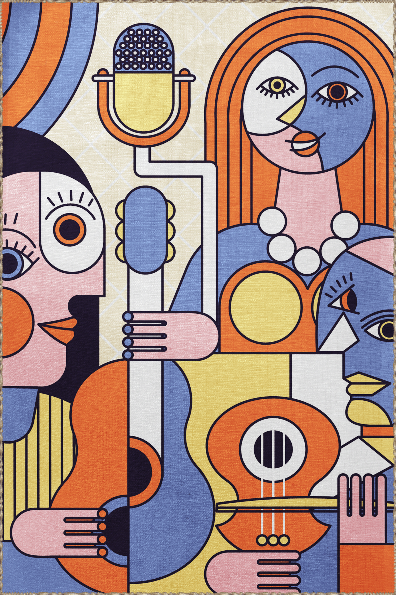 Mira Çok Renkli Sürrealist Temalı Sanatçı Etnik Kadın Portre Gitar Desenli Modern Dekoratif Halı Mira 2273 155×240