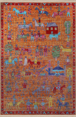 Mira Turuncu Temalı Motifli Kervan At Desenli Kreatif Vintage Dekoratif Halı Mira 2883
