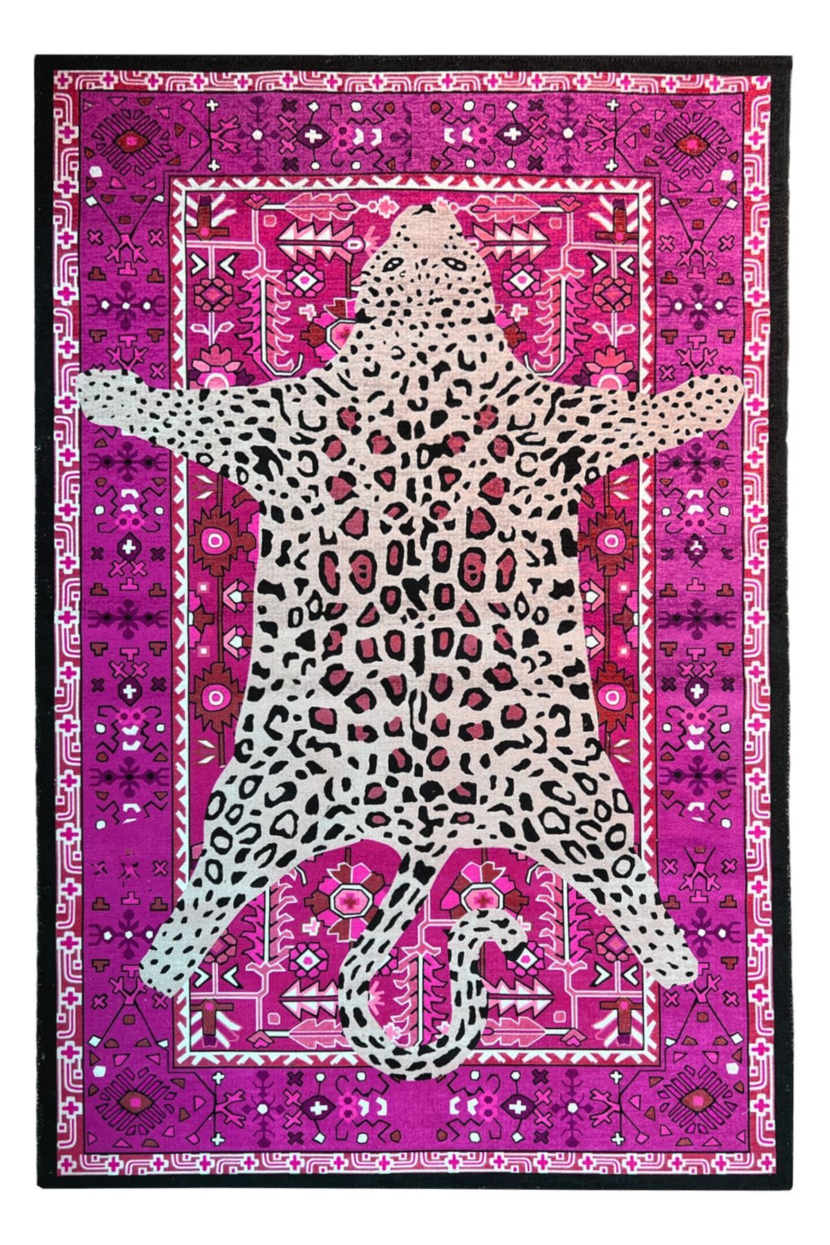 Leopar Fuşya Çok Renkli Vintage Tema Dokuma Taban Halı Mira 1305 120×180