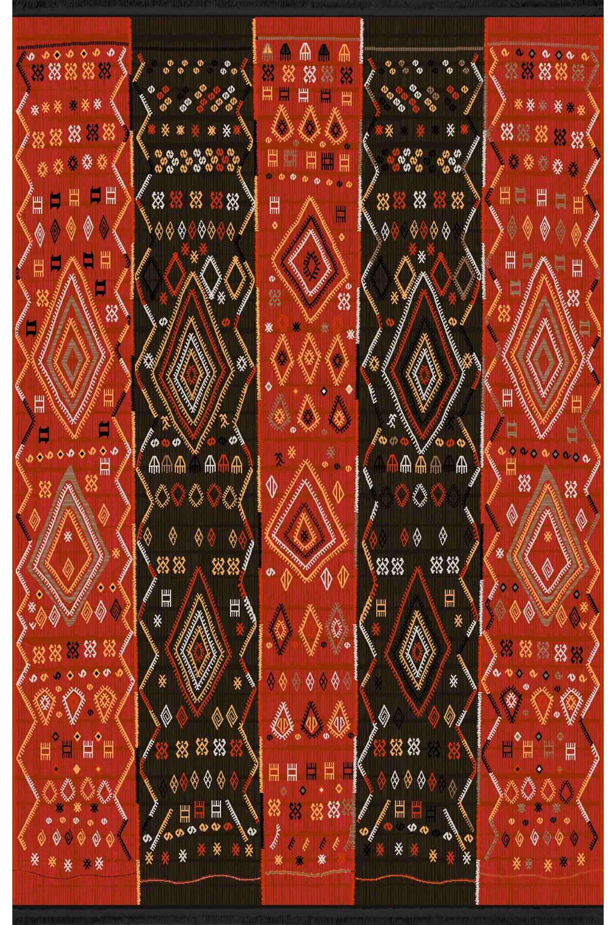 Mira Kırmızı Kahve Temalı Şerit Desen Geleneksel Motifli Vintage Dekoratif Halı Mira 1580 130×190