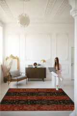 Mira Kırmızı Kahve Temalı Şerit Desen Geleneksel Motifli Vintage Dekoratif Halı Mira 1580 130×190