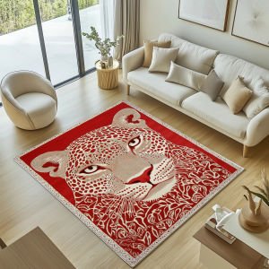 Nora 01 Kırmızı Bej Kaplan Figürlü Modern Dokuma Taban Dekoratif Salon Halısı 155×260