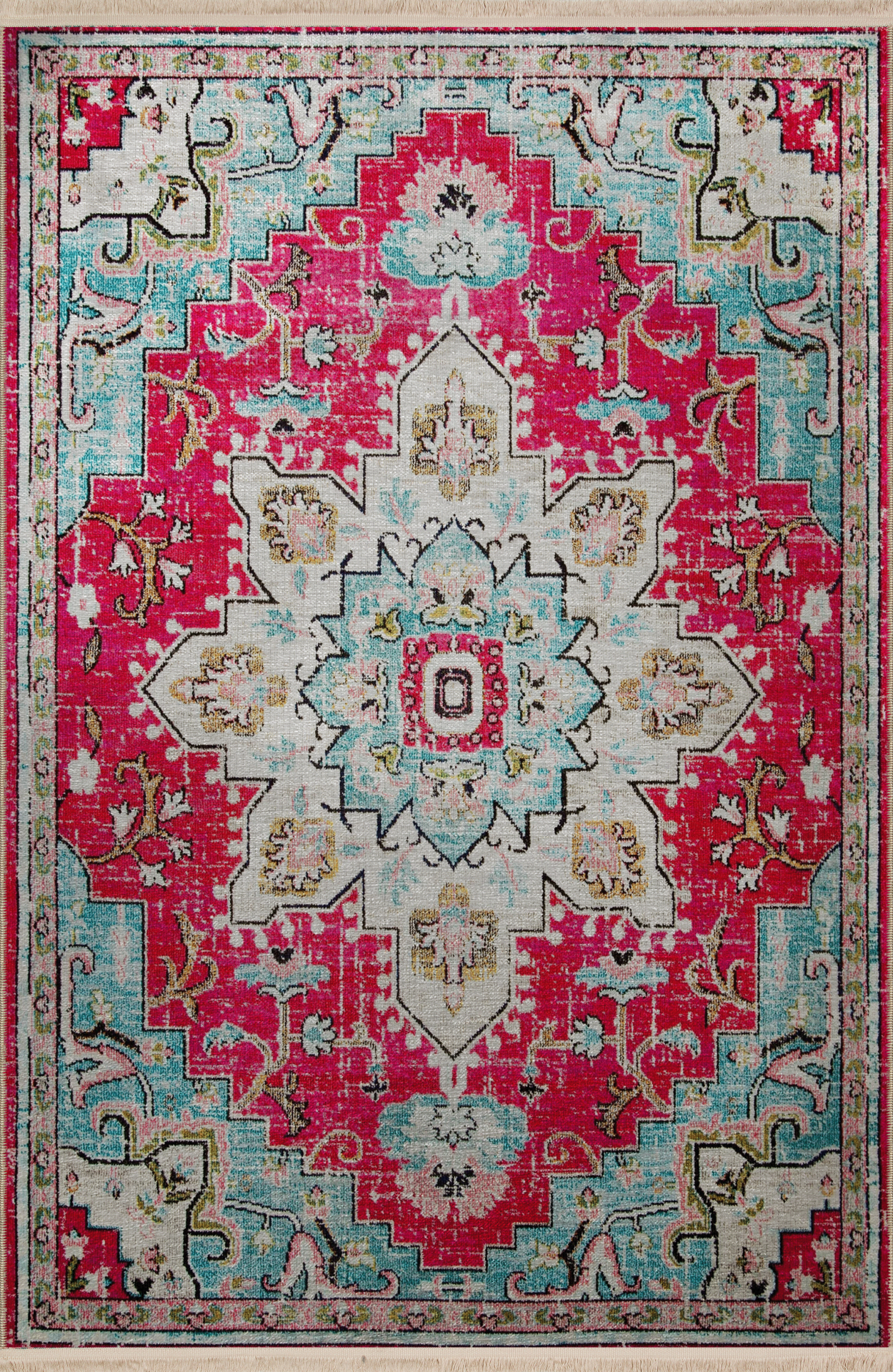 Mira Turkuaz Pembe Temalı Geleneksel Motif Desenli Kreatif Vintage Dekoratif Halı Mira 2930 80×150