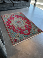 Mira Turkuaz Pembe Temalı Geleneksel Motif Desenli Kreatif Vintage Dekoratif Halı Mira 2930 80×150