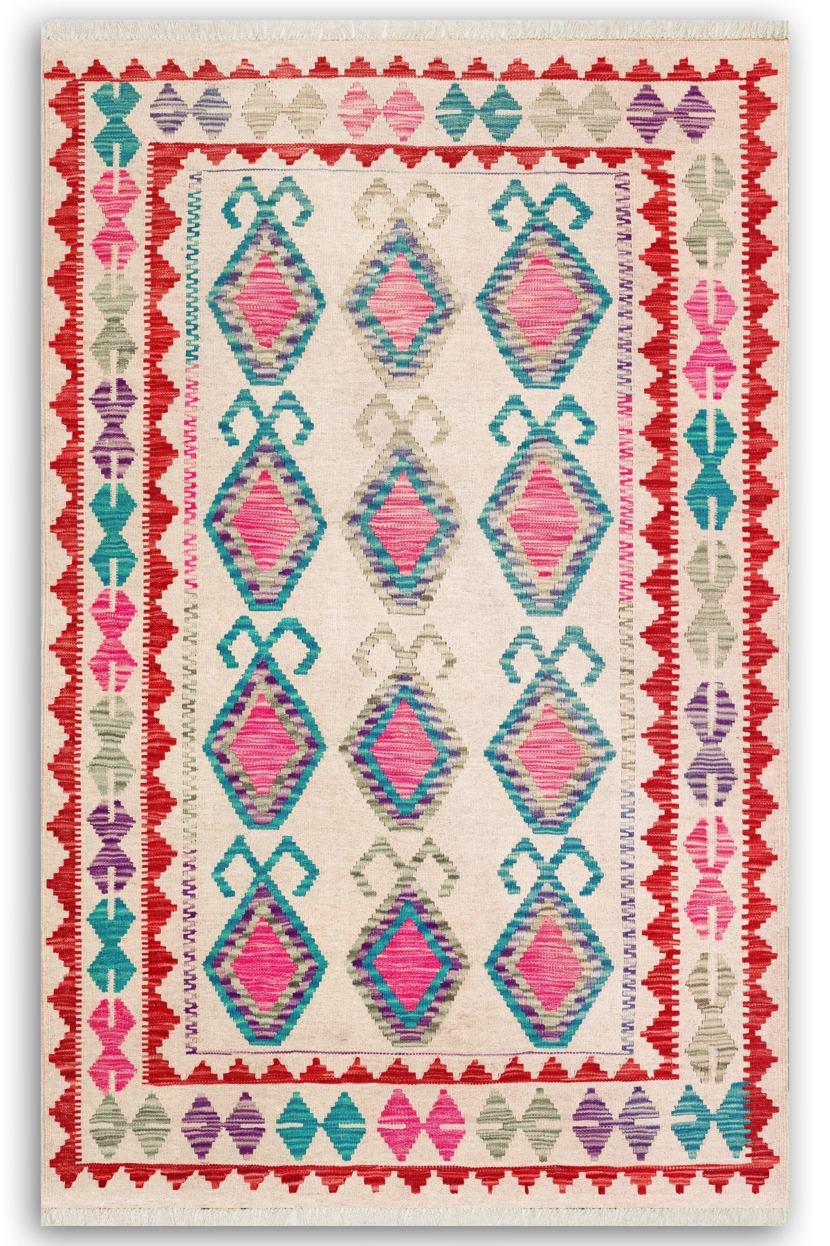 Cotton 575 Etnik Otantik Saçaklı Renkli Dokuma Taban Kilim 80×150