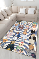 Mira Mavi Ton Çizgiler ve Teddy Bear Ayıcık Figürler Desenli Modern Dekoratif Halı Mira 4948 100x250