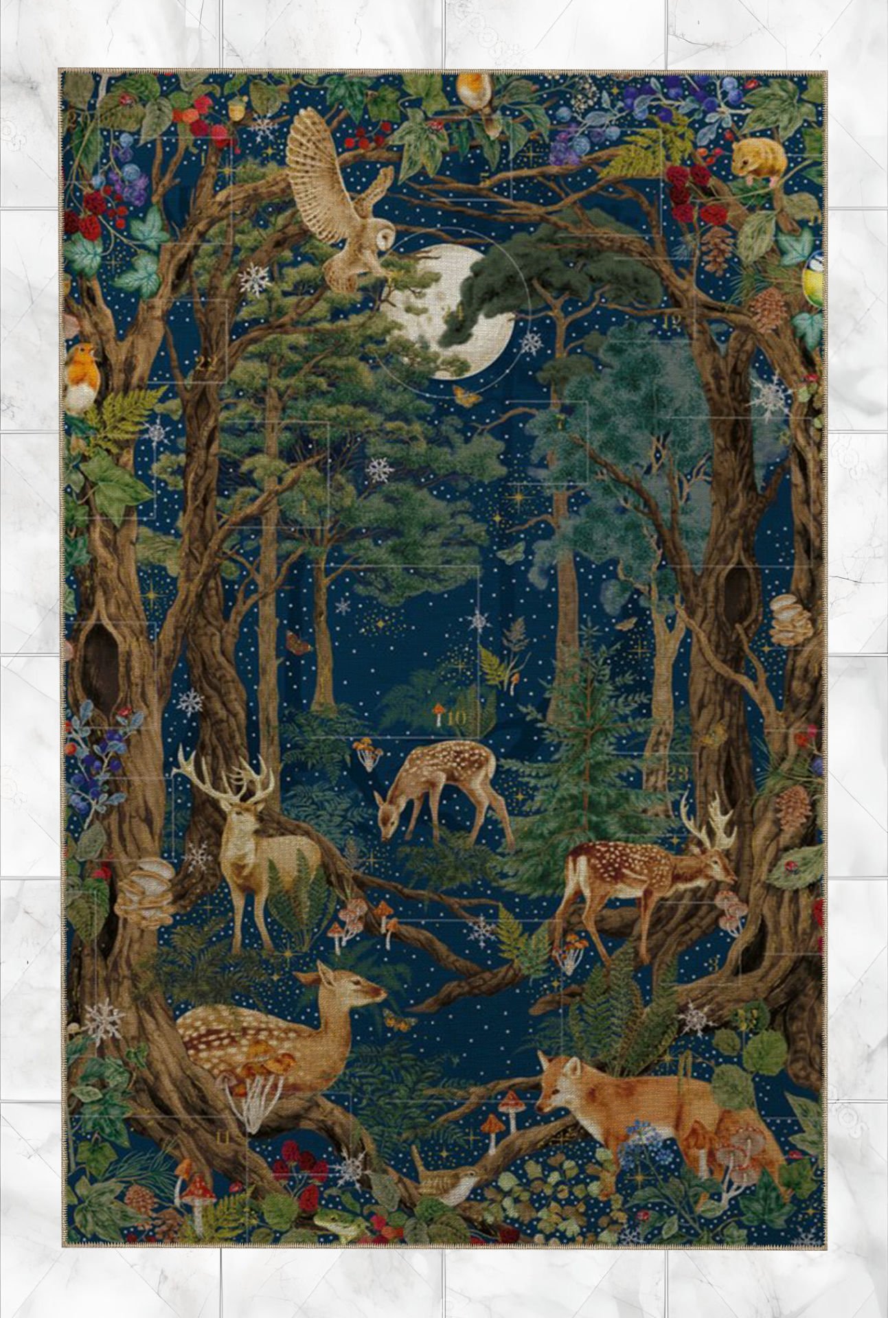 Berlin Goblen Tasarım Orman Temalı Geyik Tilki ve Baykuş Desenli Vintage Dekoratif Halı 5180 120x200
